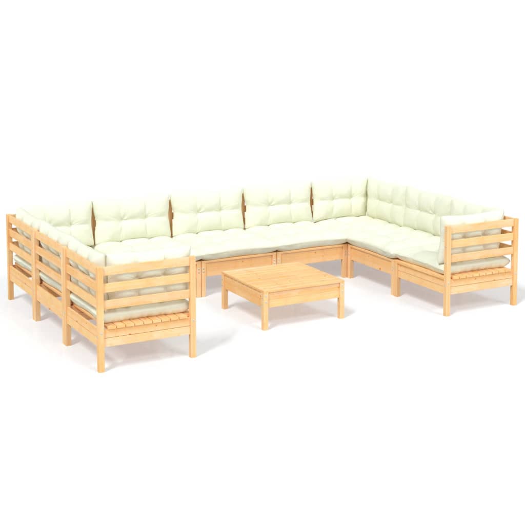 vidaXL 10 Piece Patio Lounge Set with Cream Cushions Pinewood