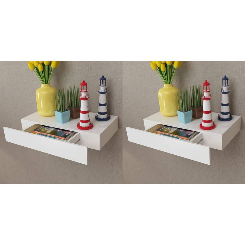 vidaXL Floating Wall Shelves with Drawers 2 pcs White 18.9"