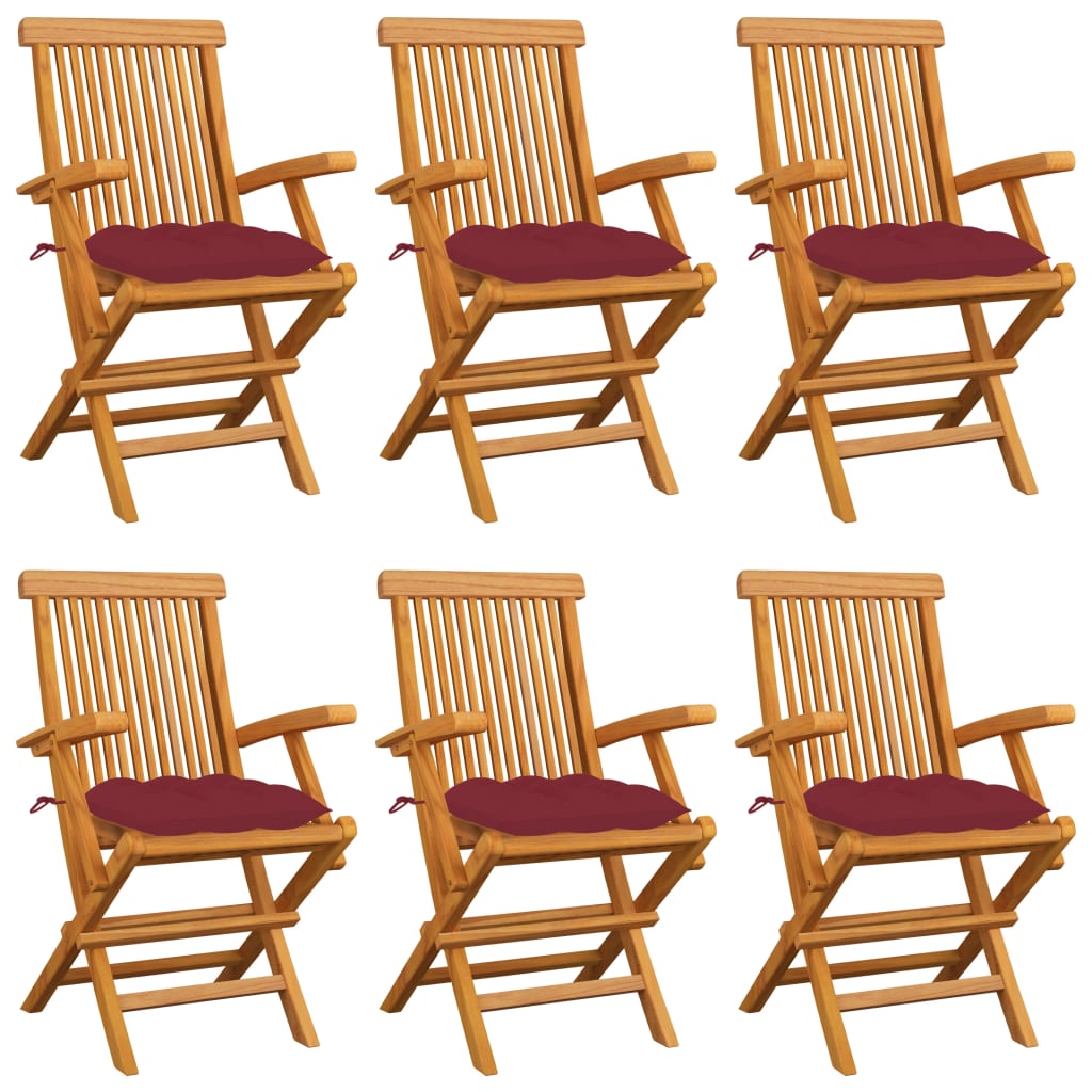 vidaXL Patio Chairs with Wine Red Cushions 6 pcs Solid Teak Wood