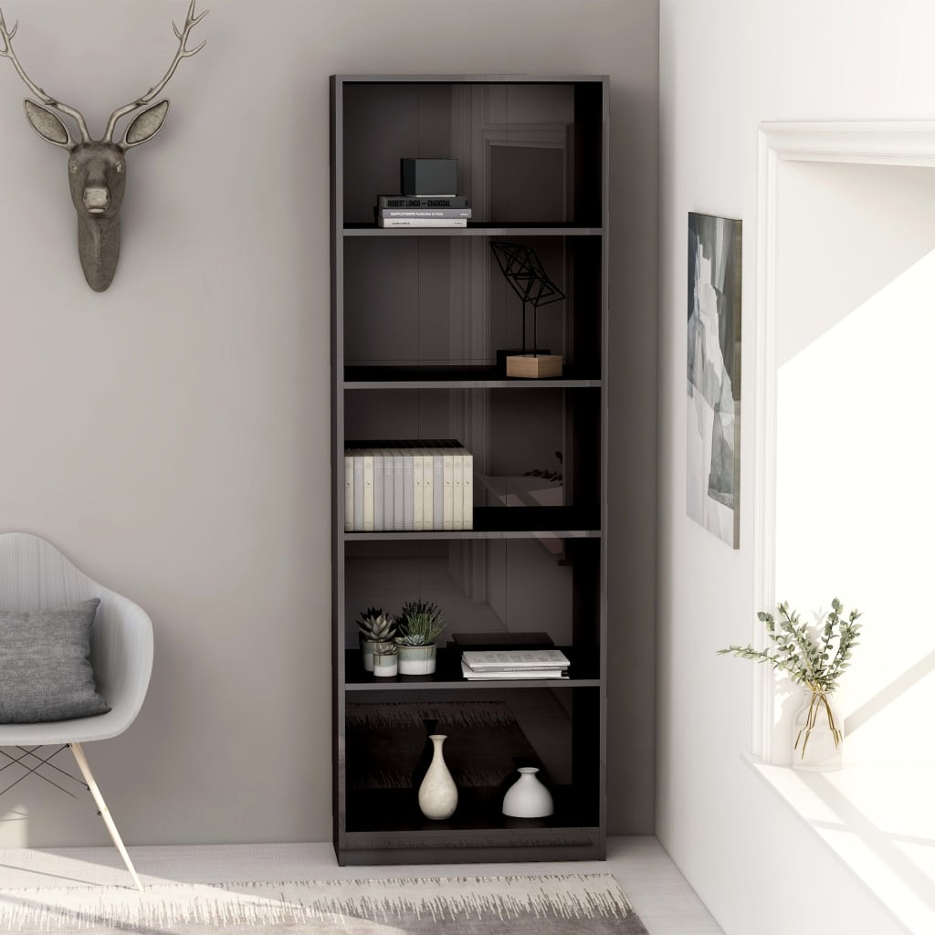 vidaXL 5-Tier Book Cabinet High Gloss Gray 23.6"x9.4"x68.9" Chipboard