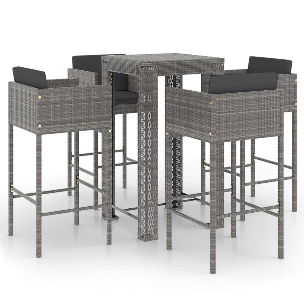 vidaXL 5 Piece Patio Bar Set with Cushions Poly Rattan Gray