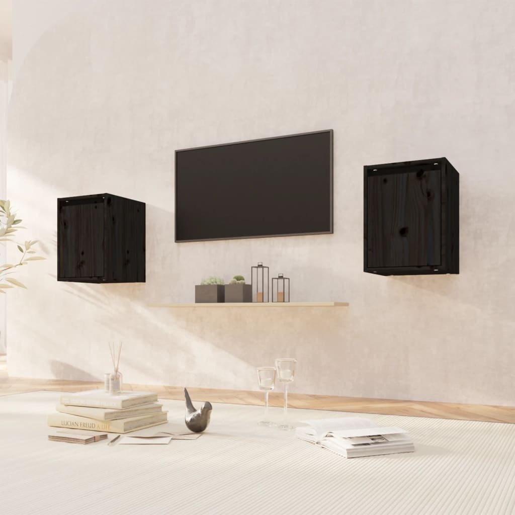 vidaXL Wall Cabinets 2pcs Black 11.8"x11.8"x15.7" Solid Wood Pine