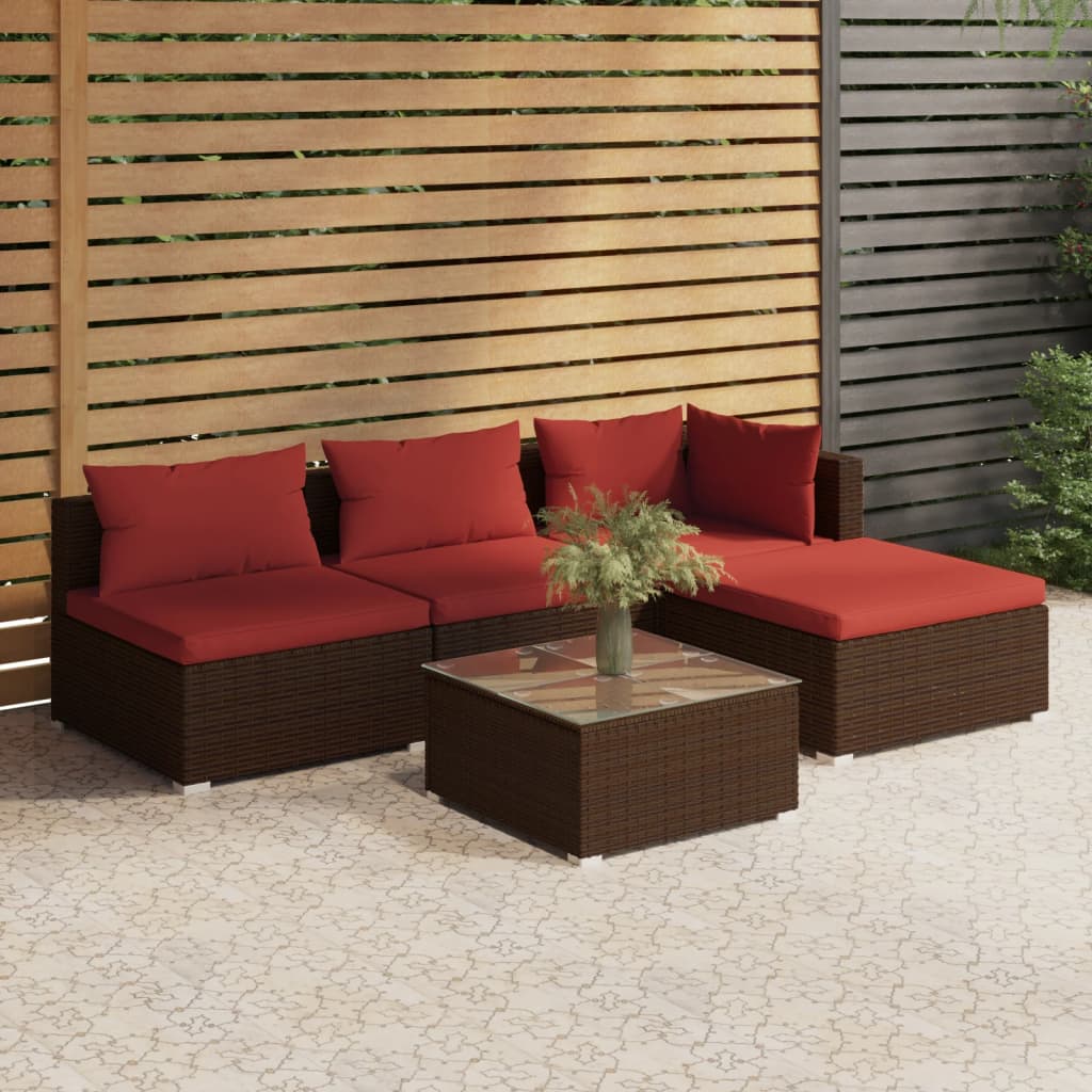 vidaXL 5 Piece Patio Lounge Set with Cushions Poly Rattan Brown