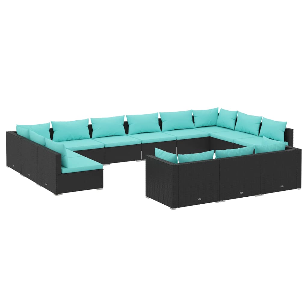 vidaXL 13 Piece Patio Lounge Set with Cushions Black Poly Rattan