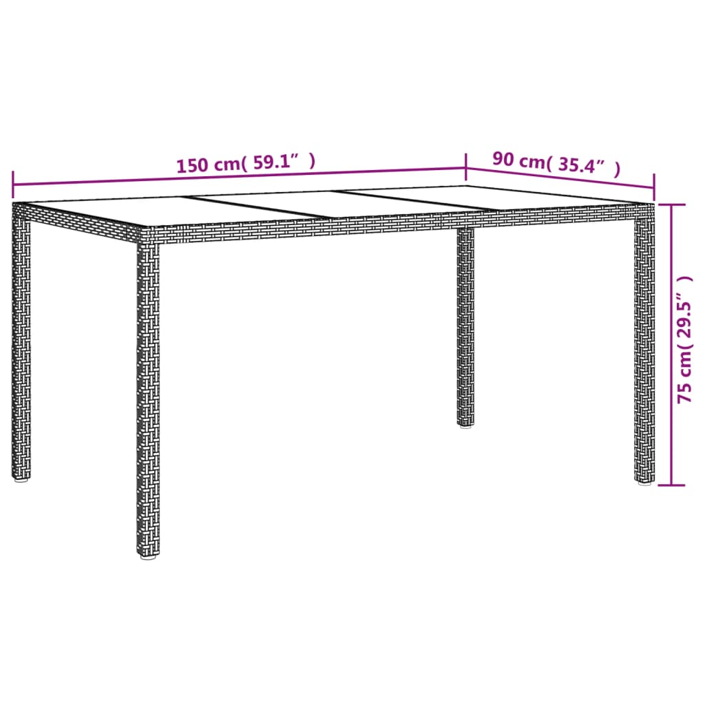 vidaXL Patio Table 59.1"x35.4"x29.5" Tempered Glass and Poly Rattan Brown