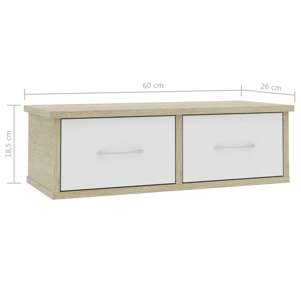 vidaXL Wall-mounted Drawer Shelf White and Sonoma Oak 23.6"x10.2"x7.2" Chipboard