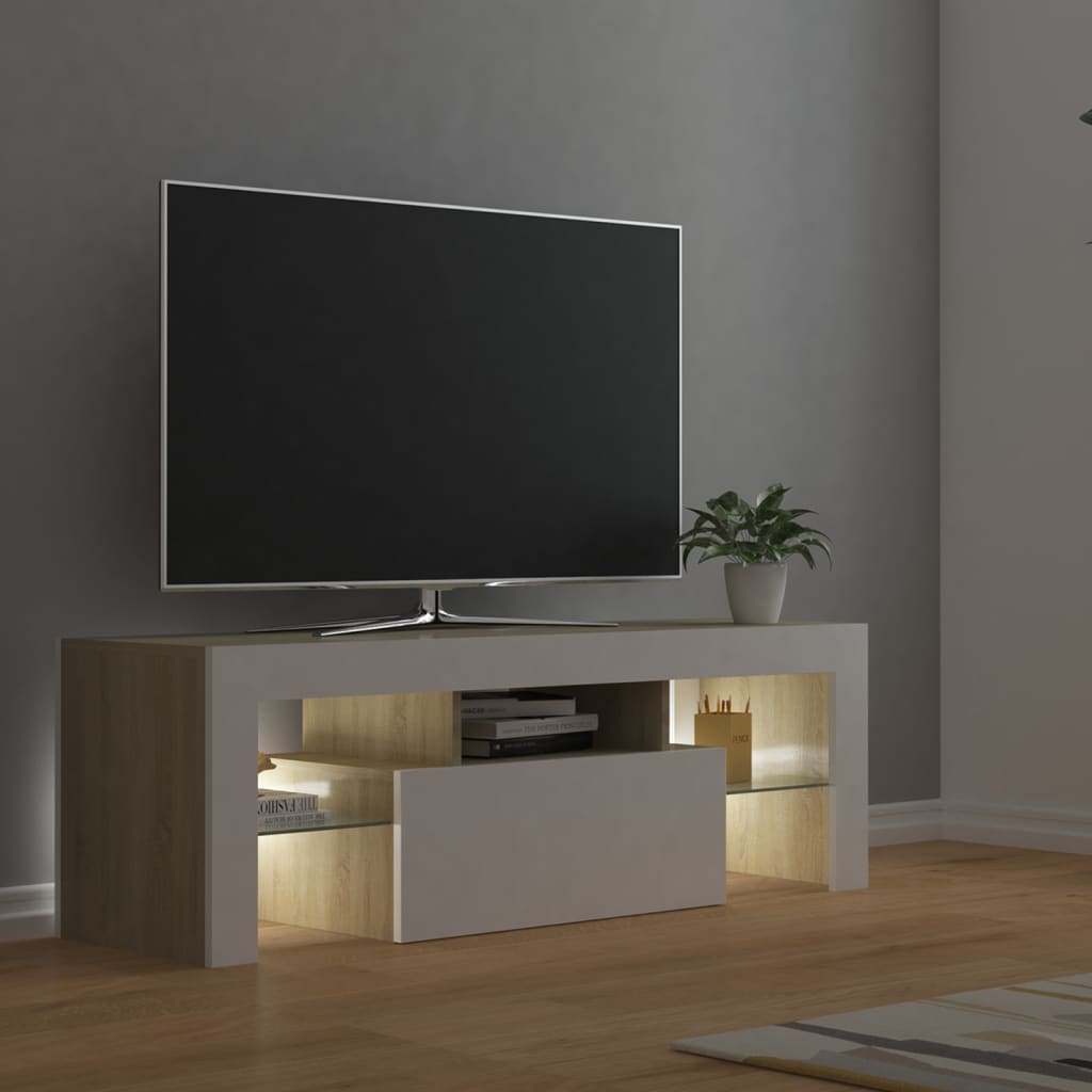vidaXL TV Stand with LED Lights White and Sonoma Oak 47.2"x13.8"x15.7"