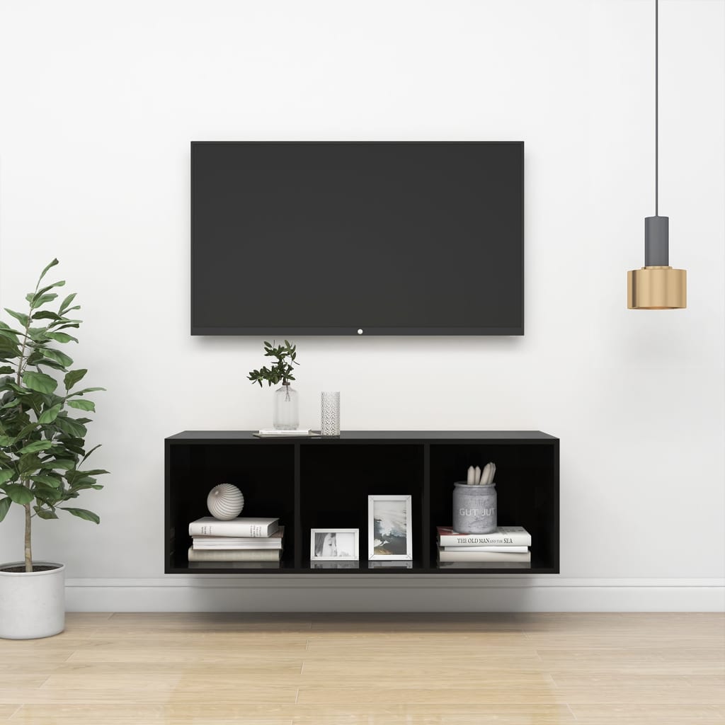 vidaXL Wall-mounted TV Stand High Gloss Black 14.6"x14.6"x42.1" Engineered Wood