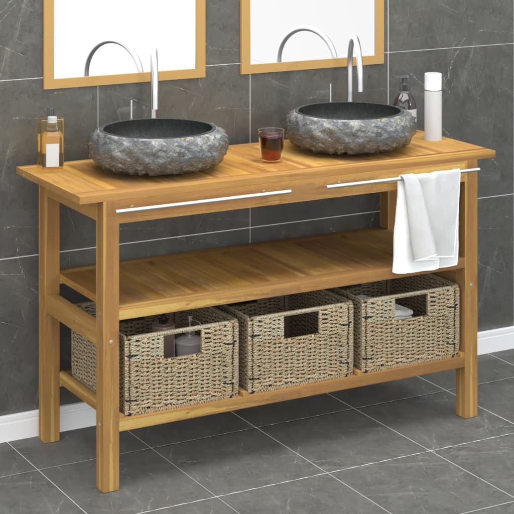 vidaXL Bathroom Vanity Cabinet with Black Marble Sinks Solid Wood Teak
