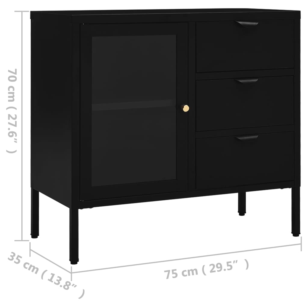 vidaXL Sideboard Black 29.5"x13.8"x27.6" Steel and Tempered Glass