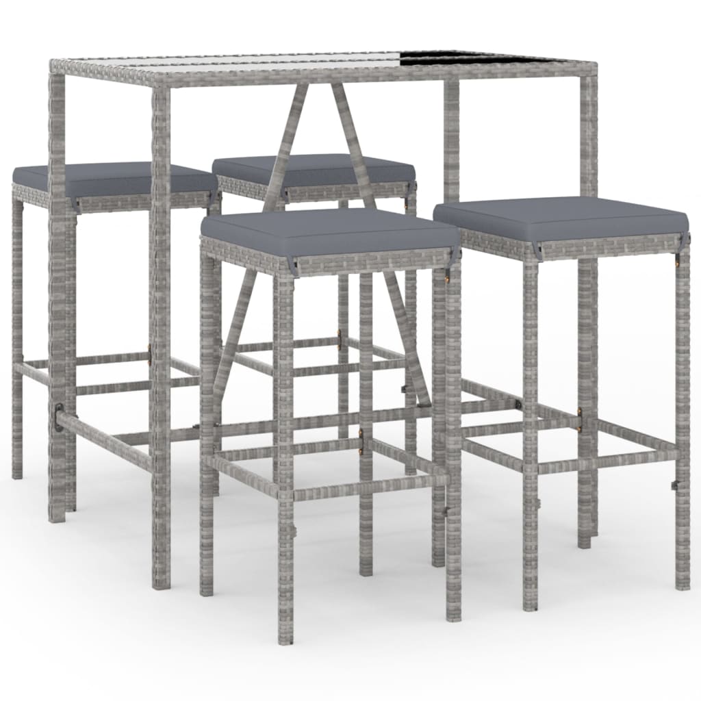 vidaXL 5 Piece Patio Bar Set with Cushions Gray Poly Rattan