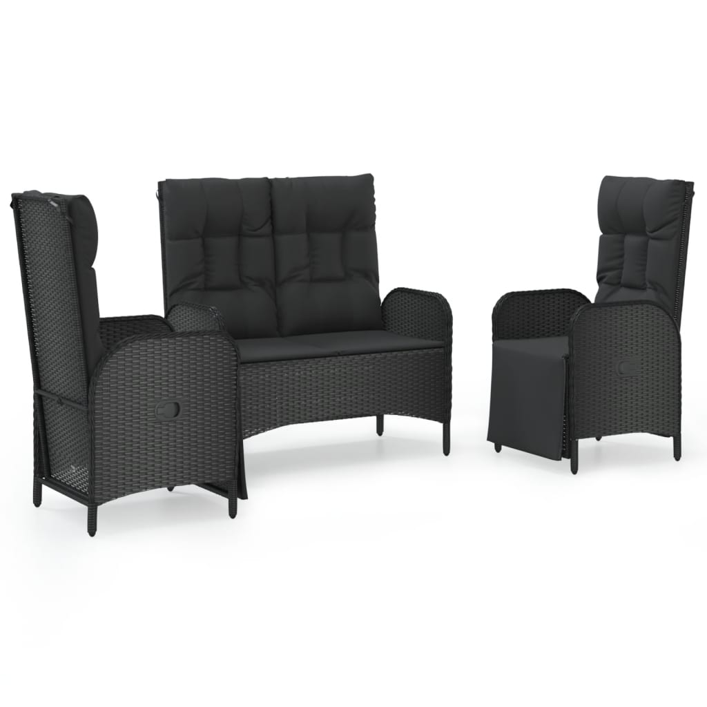 vidaXL 3 Piece Patio Dining Set with Cushions Black Poly Rattan