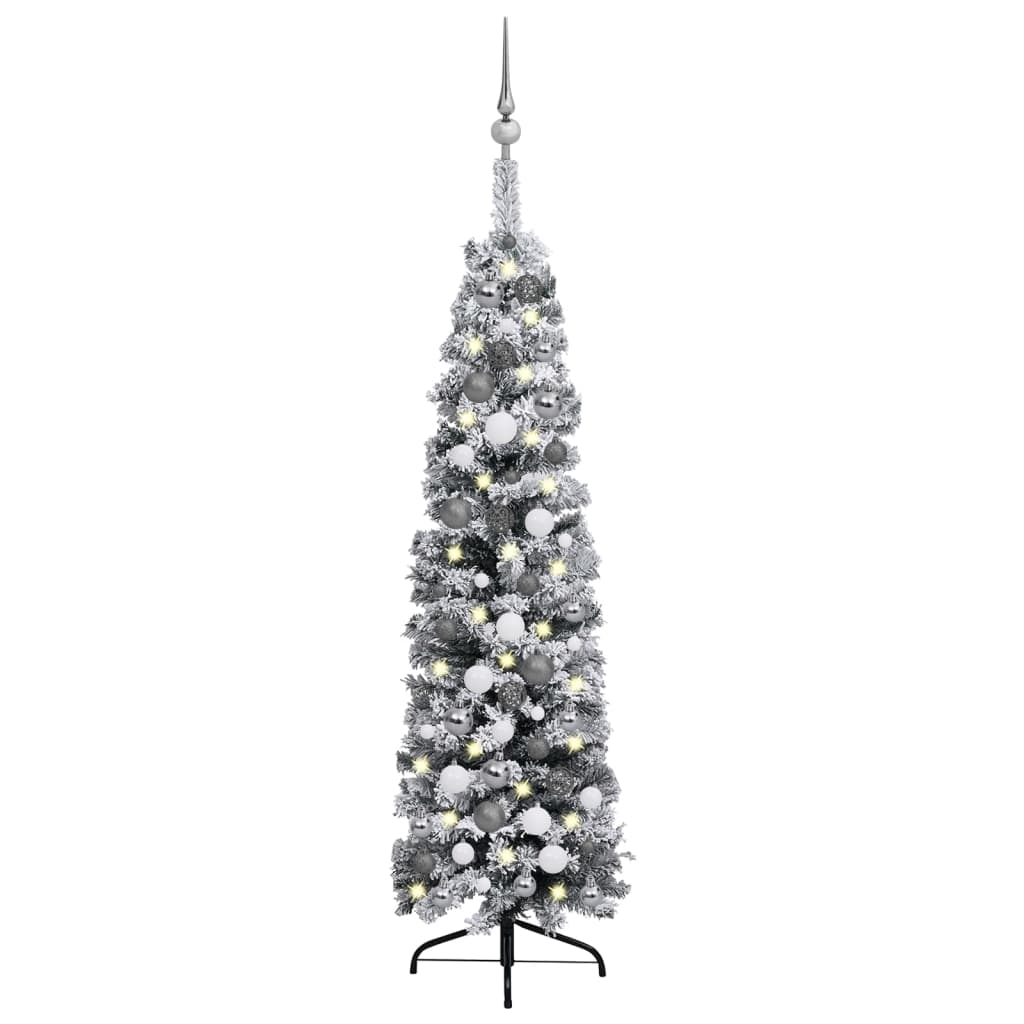 vidaXL Slim Christmas Tree with LEDs&Ball Set&Flocked Snow Green 47.2"