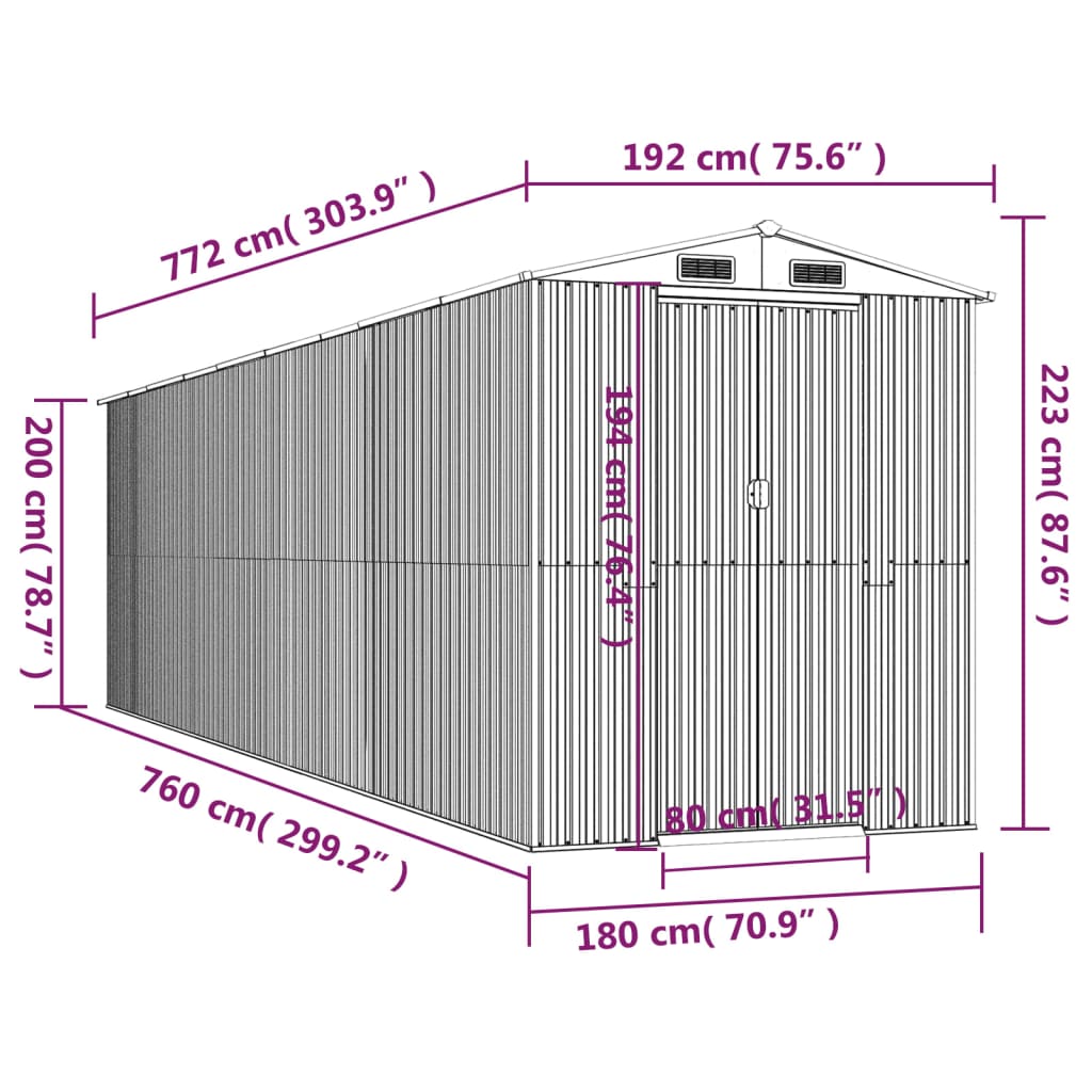 vidaXL Garden Shed Anthracite 75.6"x303.9"x87.8" Galvanized Steel