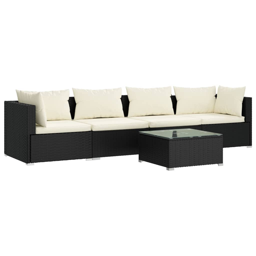 vidaXL Patio Furniture Set 5 Piece with Cushions Poly Rattan Black