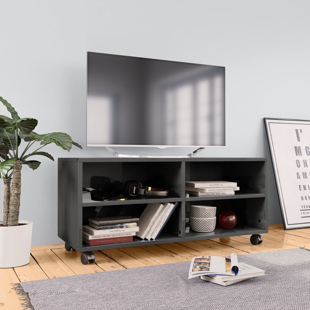 vidaXL TV Cabinet with Castors High Gloss Gray 35.4" x 13.8" x 13.8" Engineered Wood
