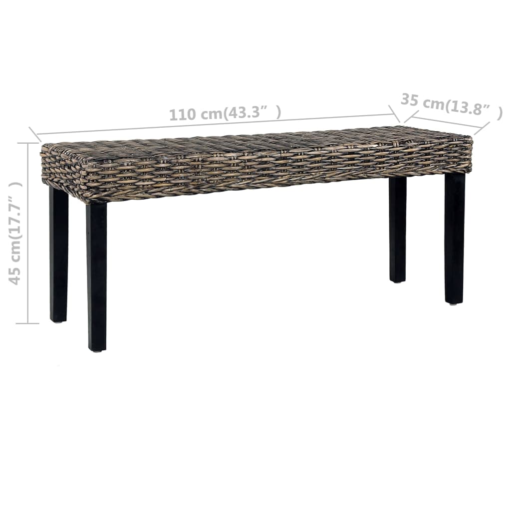 vidaXL Bench 43.3" Black Natural Kubu Rattan and Solid Mango Wood