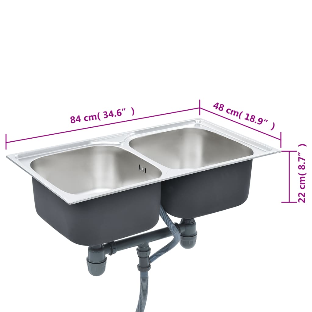 vidaXL Kitchen Sink Double Basin with Strainer & Trap Stainless Steel