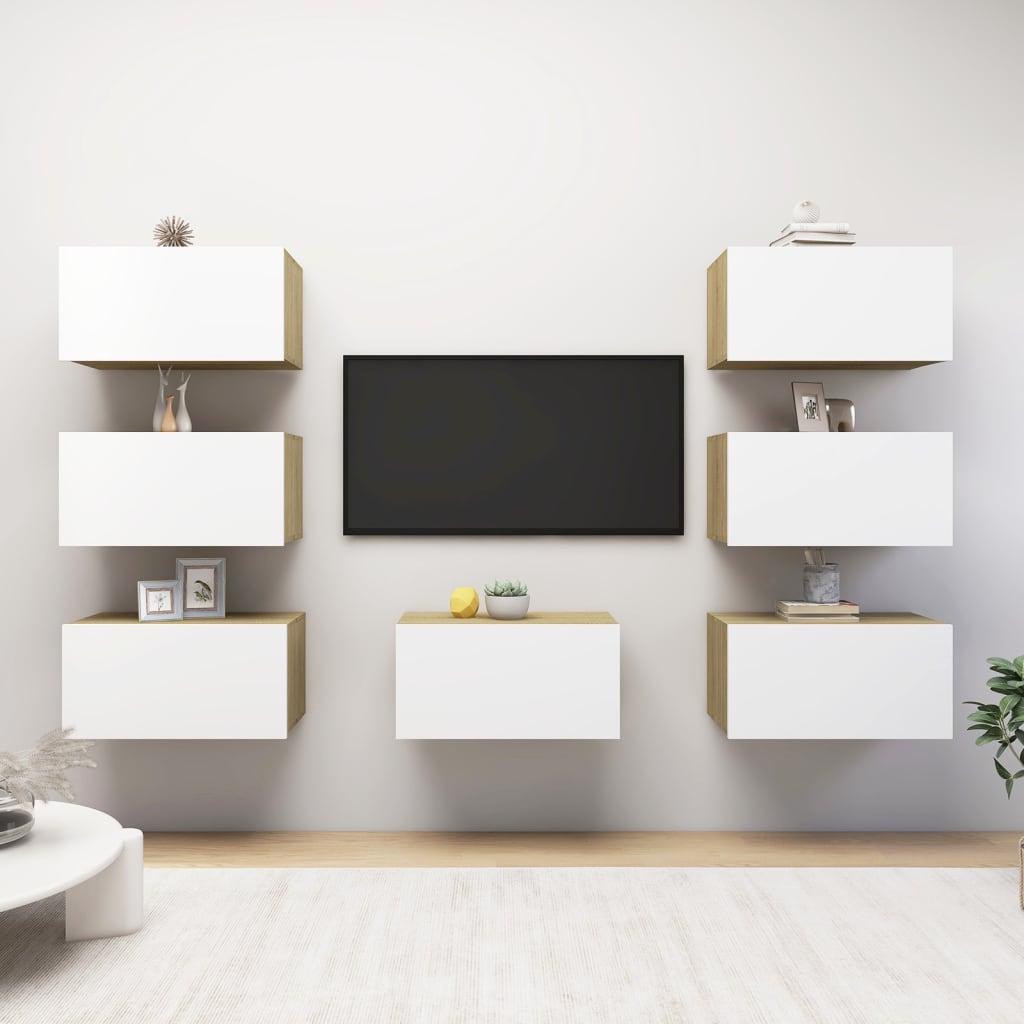 vidaXL TV Cabinets 7 pcs White and Sonoma Oak 12"x11.8"x23.6" Engineered Wood