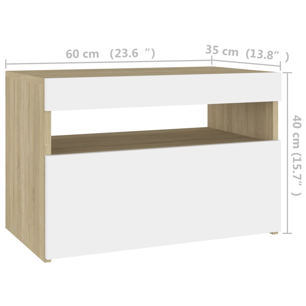 vidaXL Bedside Cabinet & LED Lights 2 pcs White and Sonoma Oak 23.6"x13.8"x15.7"