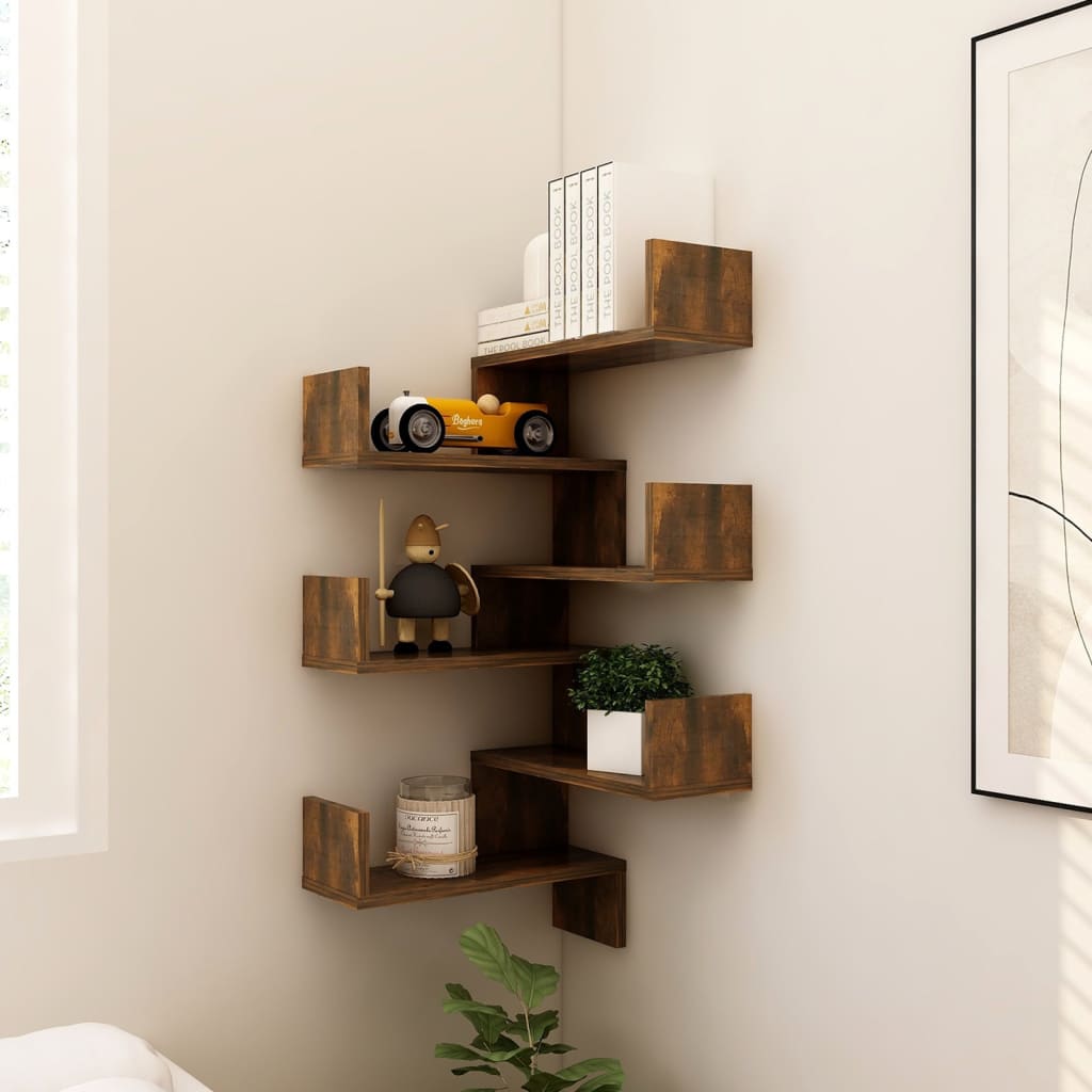 vidaXL Wall Corner Shelves 2 pcs Smoked Oak 15.7"x15.7"x19.7" Engineered Wood
