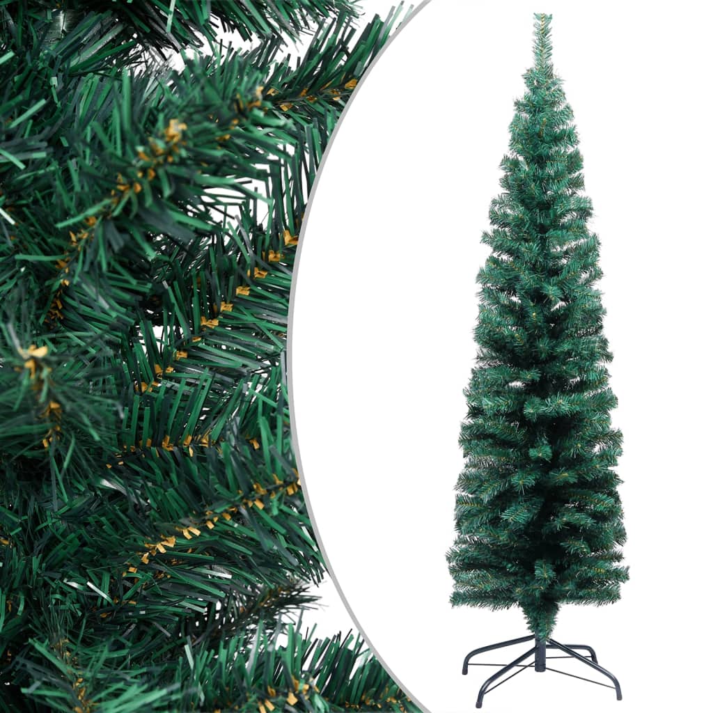 vidaXL Slim Artificial Pre-lit Christmas Tree with Stand Green 59.1" PVC