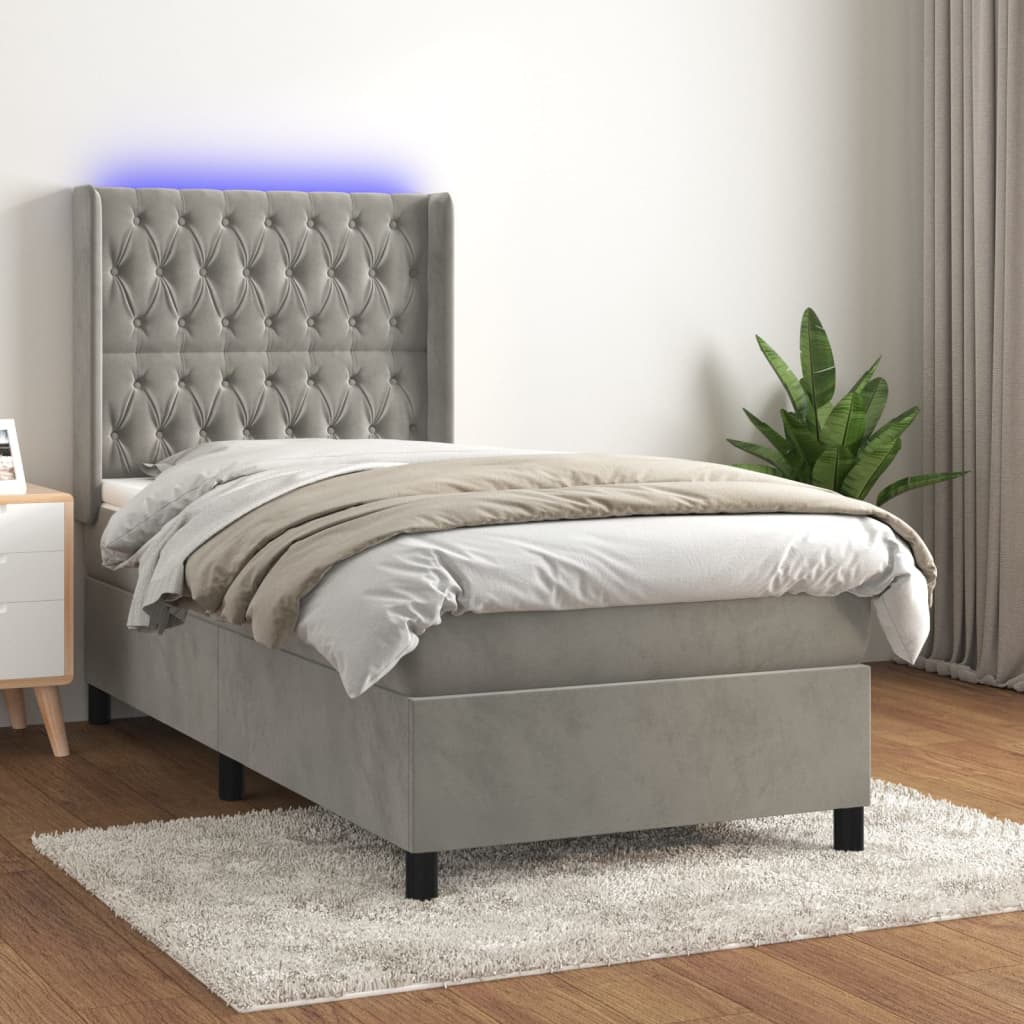 vidaXL Box Spring Bed with Mattress&LED Light Gray Twin Velvet