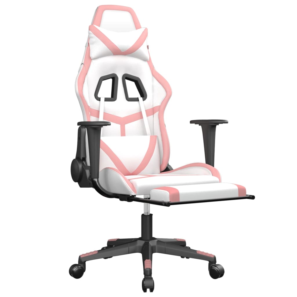 vidaXL Massage Gaming Chair with Footrest White&Pink Faux Leather