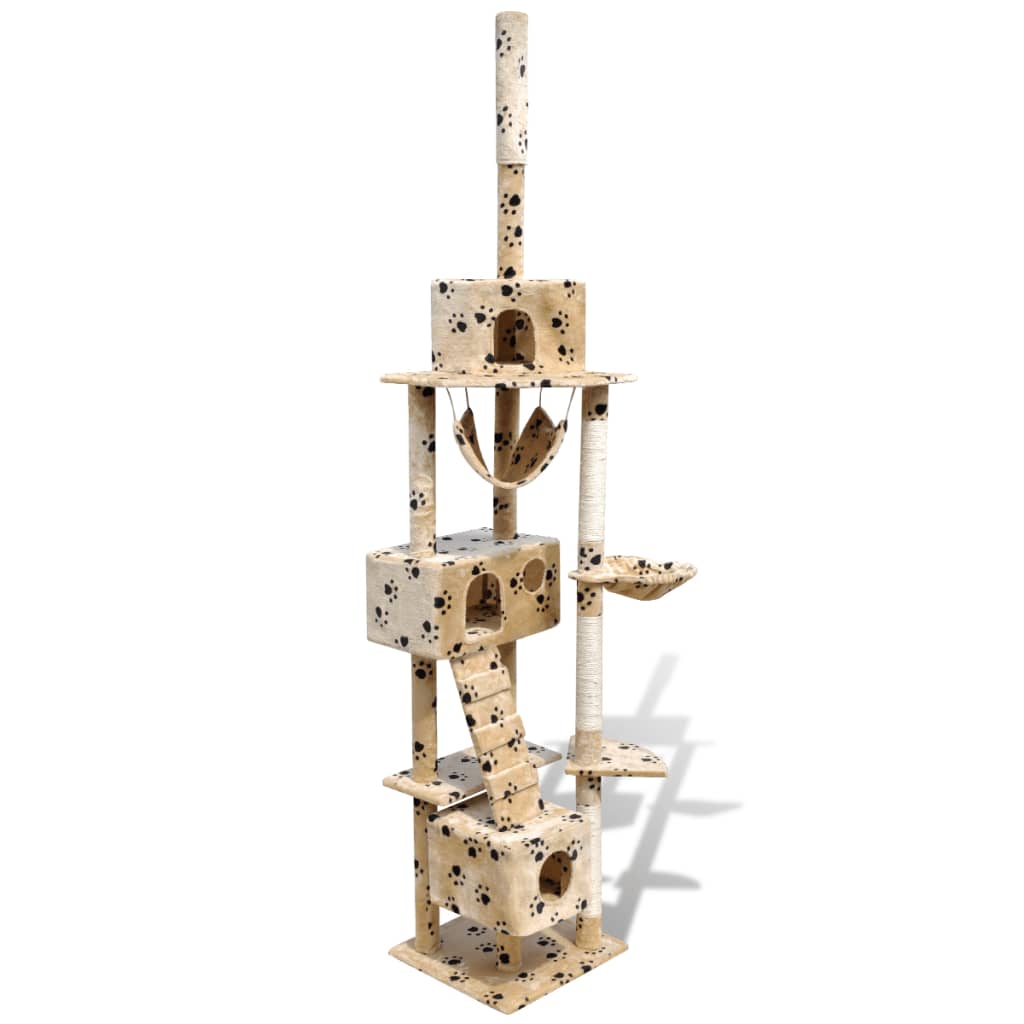 Cat Tree Scratching Post 87" - 94" 3 Condos Beige with Paw Prints