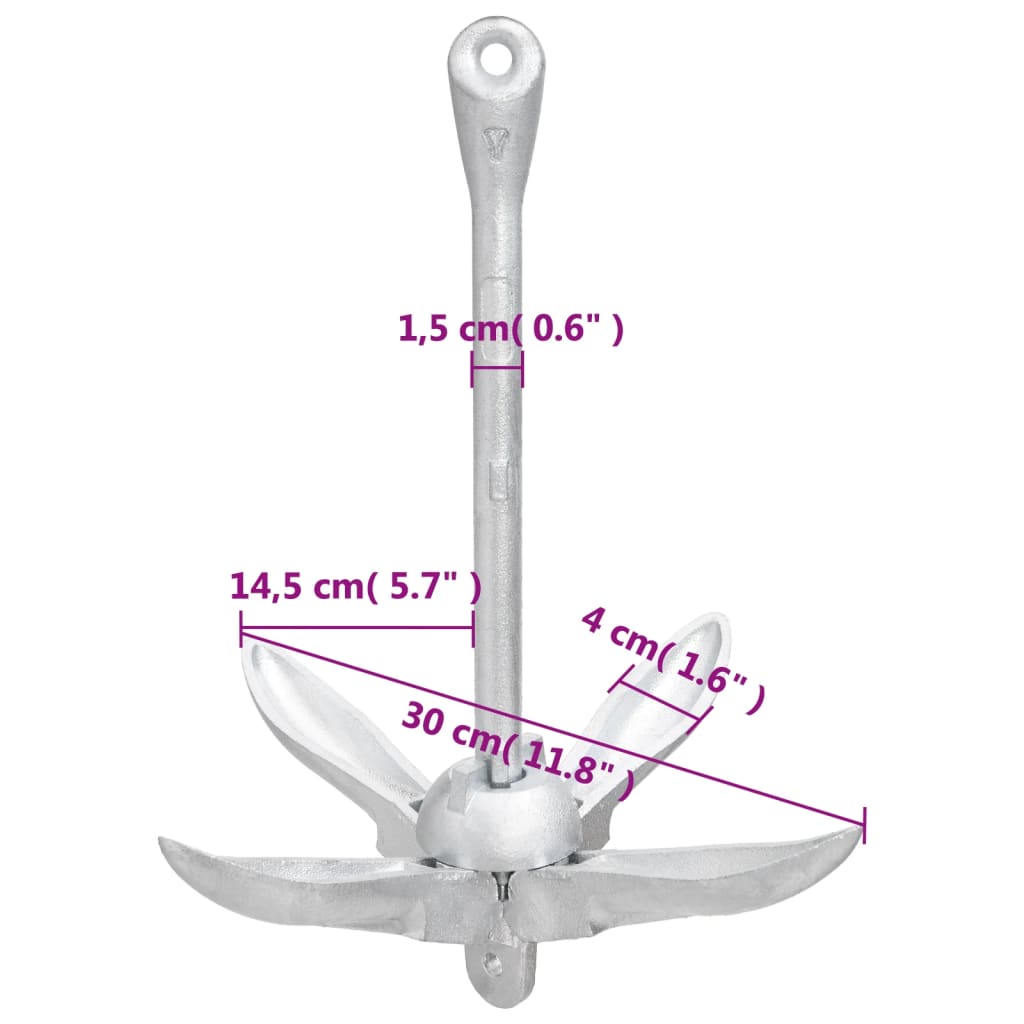 vidaXL Folding Anchor with Rope Silver 3.3 lb Malleable Iron