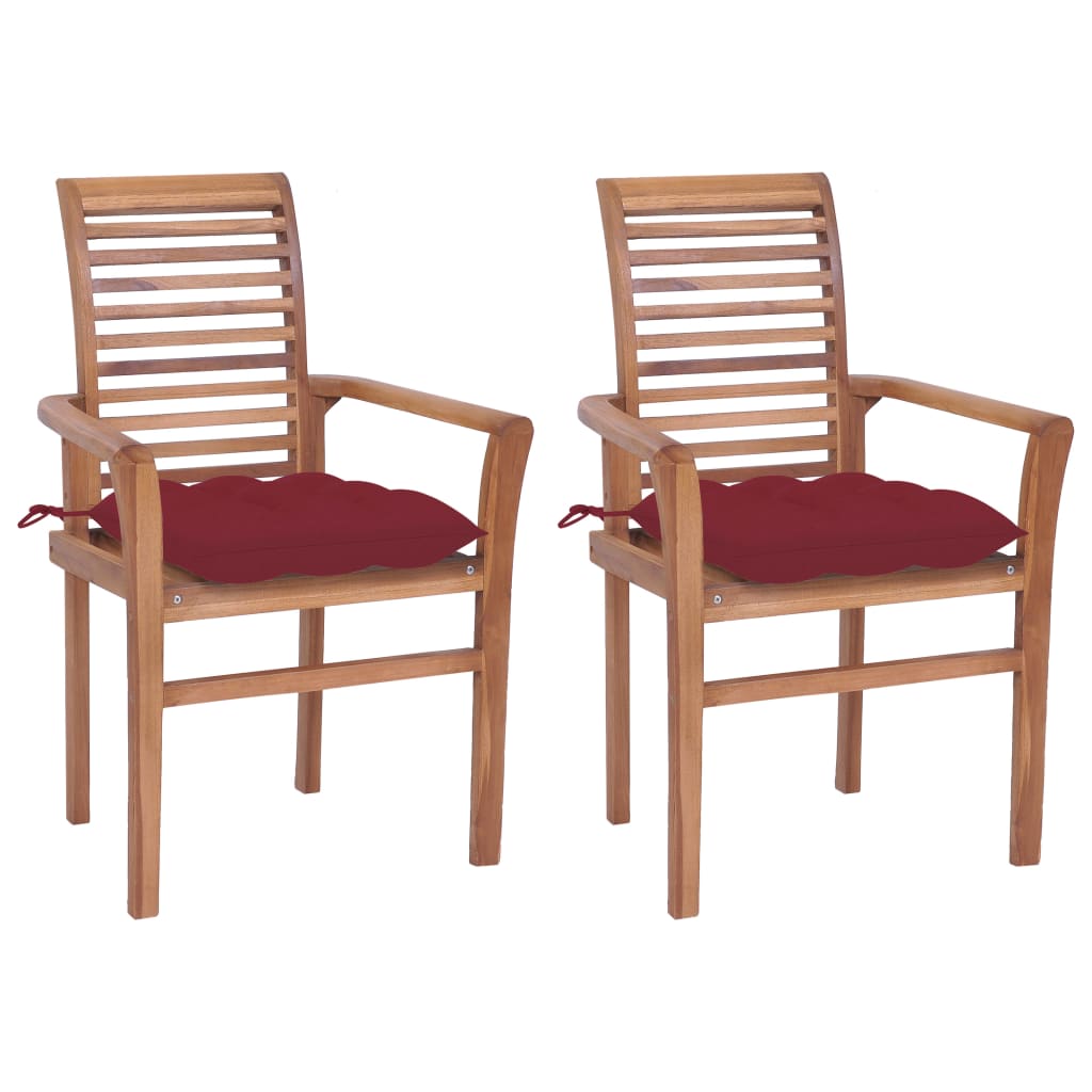 vidaXL Dining Chairs 2 pcs with Wine Red Cushions Solid Teak Wood