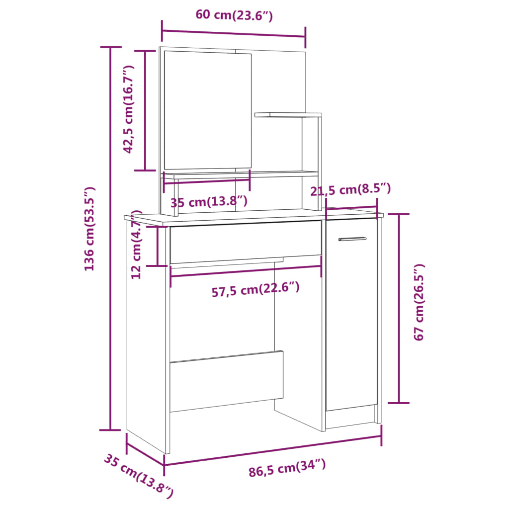 vidaXL Dressing Table with Mirror Concrete Gray 34.1"x13.8"x53.5"