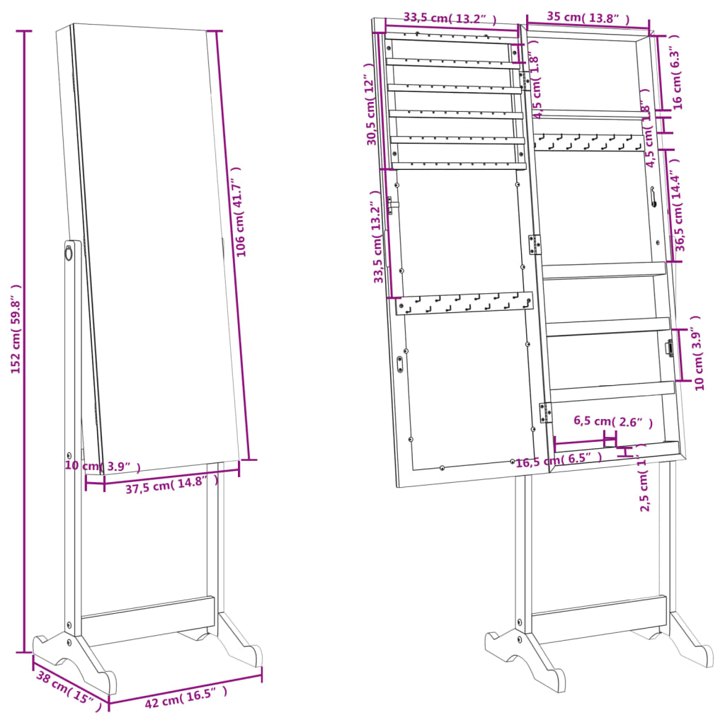 vidaXL Mirror Jewellery Cabinet Free Standing White 16.5"x15"x59.8"