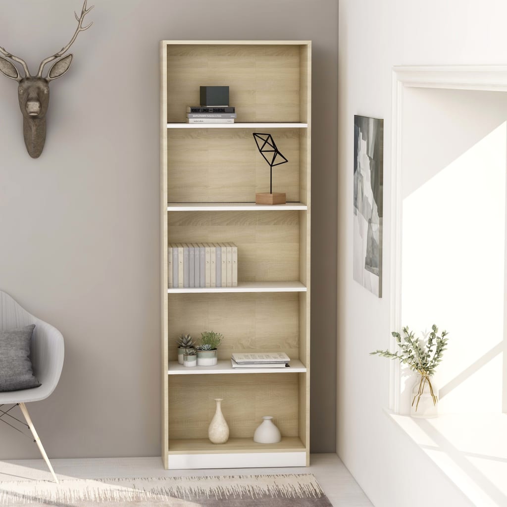 vidaXL 5-Tier Book Cabinet White and Sonoma Oak 23.6"x9.4"x68.9" Chipboard