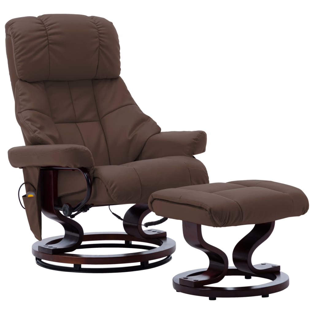 vidaXL Massage Recliner with Ottoman Brown Faux Leather and Bentwood