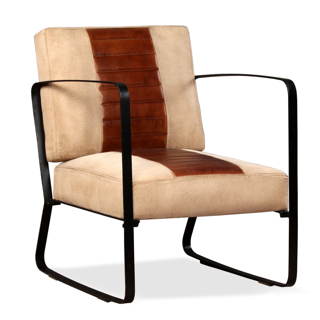 vidaXL Lounge Chair Brown Genuine Leather and Canvas