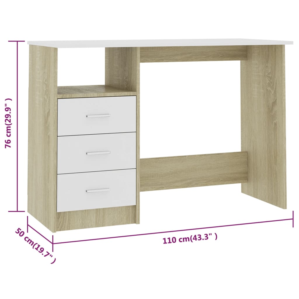vidaXL Desk with Drawers White and Sonoma Oak 43.3"x19.6"x29.9" Chipboard