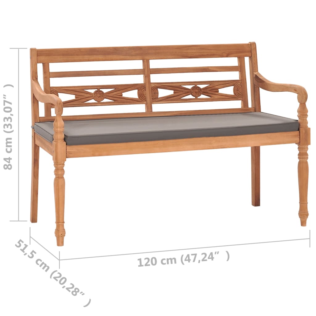 vidaXL Batavia Bench with Dark Gray Cushion 47.2" Solid Teak Wood