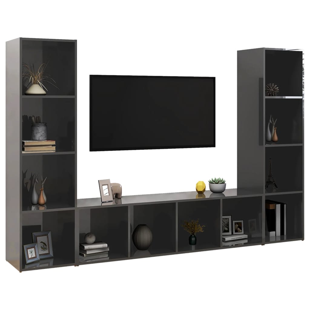 vidaXL TV Stands 3 Pcs High Gloss Gray 56.1"x13.8"x14.4" Engineered Wood