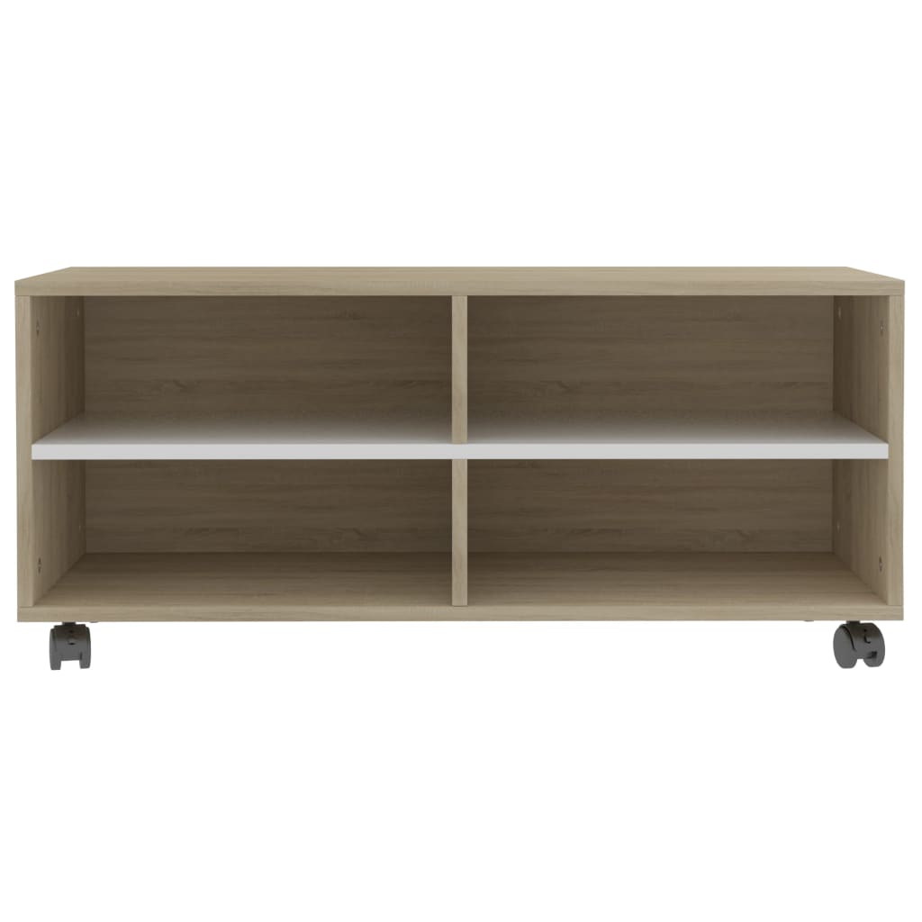 vidaXL TV Stand with Castors White and Sonoma Oak 35.4"x13.8"x13.8" Engineered Wood