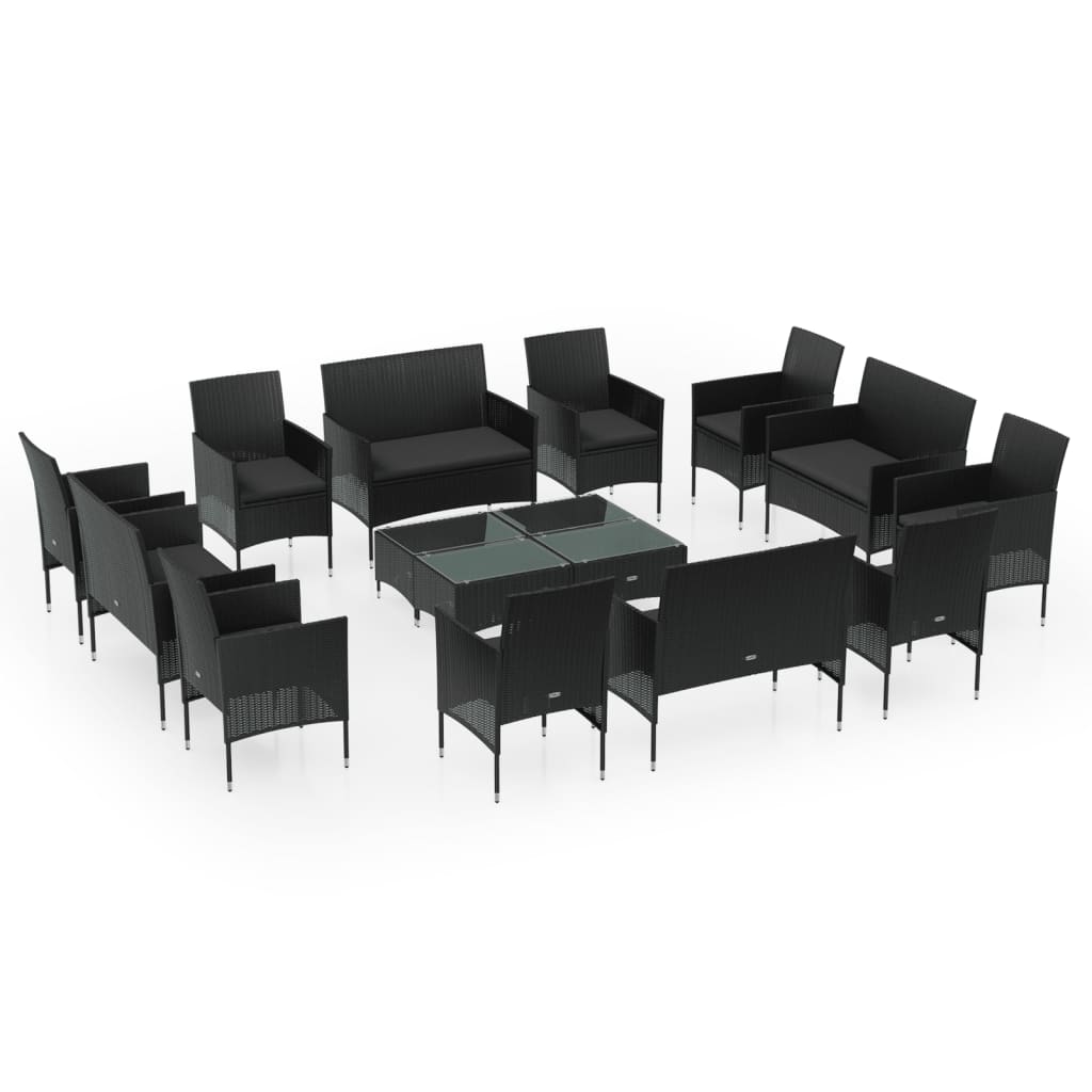 vidaXL 16 Piece Patio Lounge Set with Cushions Poly Rattan Black