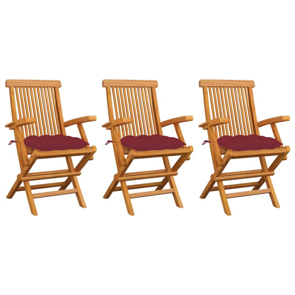 vidaXL Patio Chairs with Wine Red Cushions 3 pcs Solid Teak Wood
