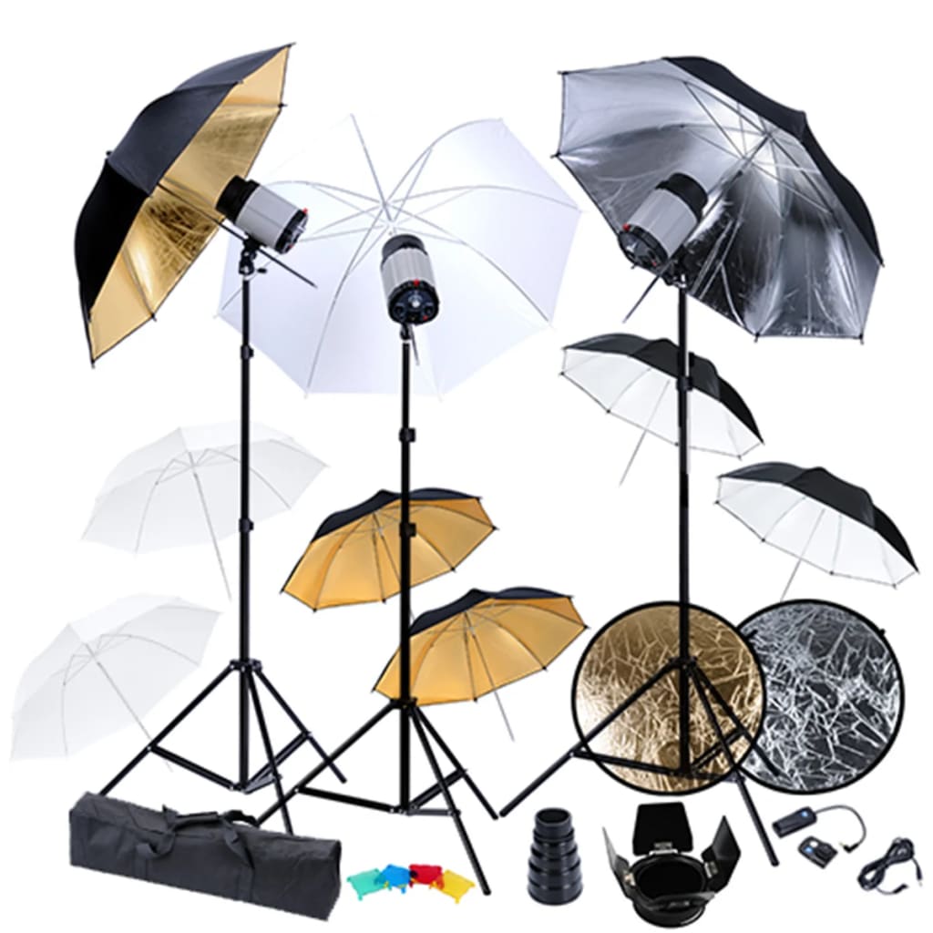 Studio Set: 3 Flash Lights, 9 Umbrellas, 3 Tripods, etc.