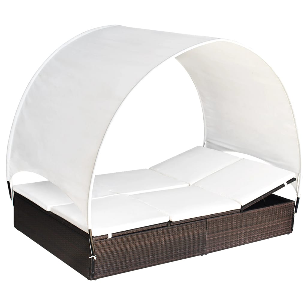 vidaXL Double Sun Lounger with Canopy Poly Rattan Brown