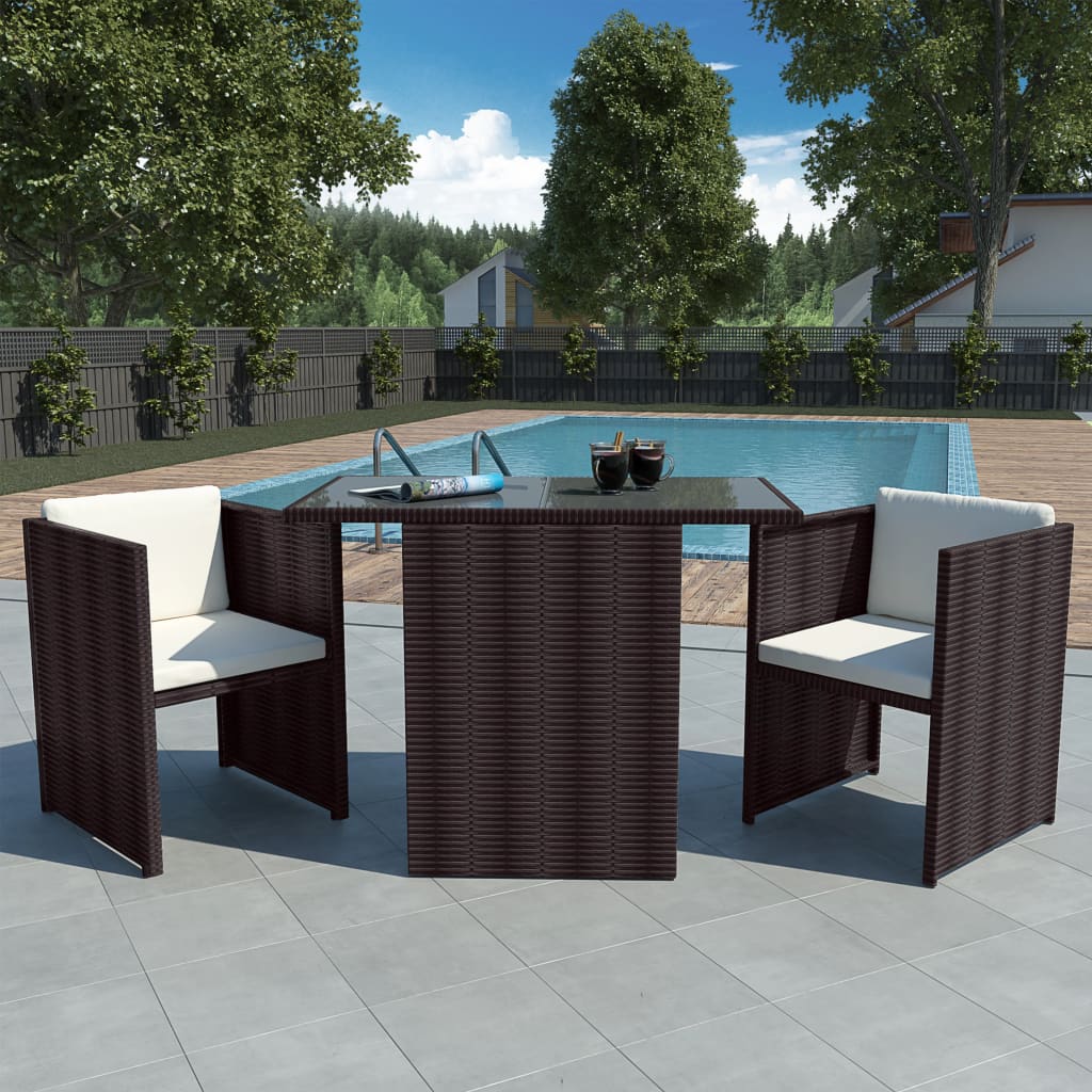 vidaXL 3 Piece Bistro Set with Cushions Poly Rattan Brown