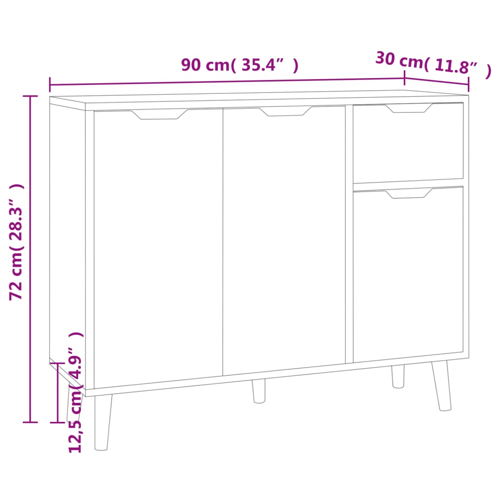 vidaXL Sideboard High Gloss White 35.4"x11.8"x28.3" Engineered Wood