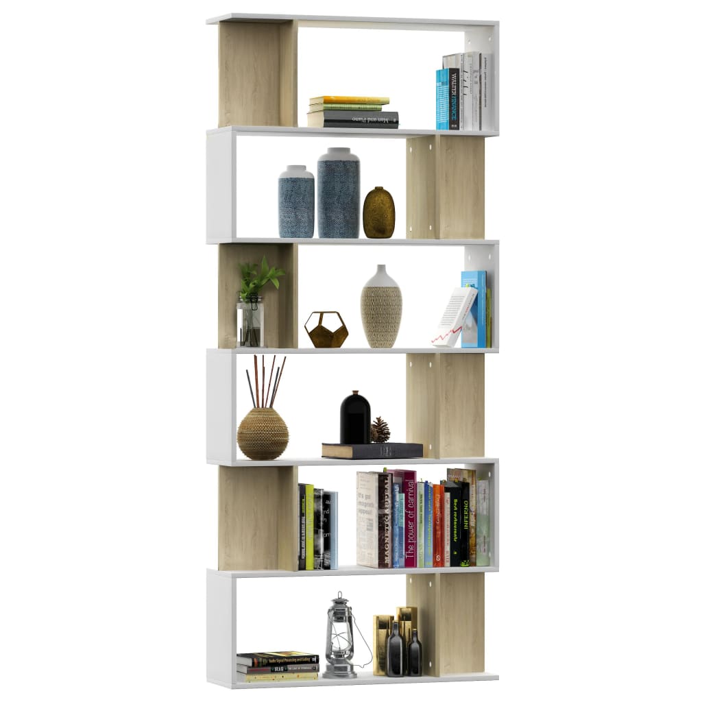 vidaXL Book Cabinet/Room Divider White and Sonoma Oak 31.5"x9.4"x75.6" Engineered Wood
