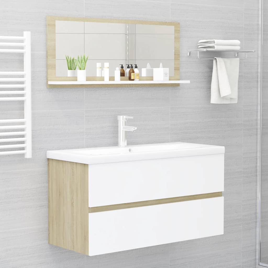 vidaXL Bathroom Mirror White and Sonoma Oak 35.4"x4.1"x14.6" Engineered Wood