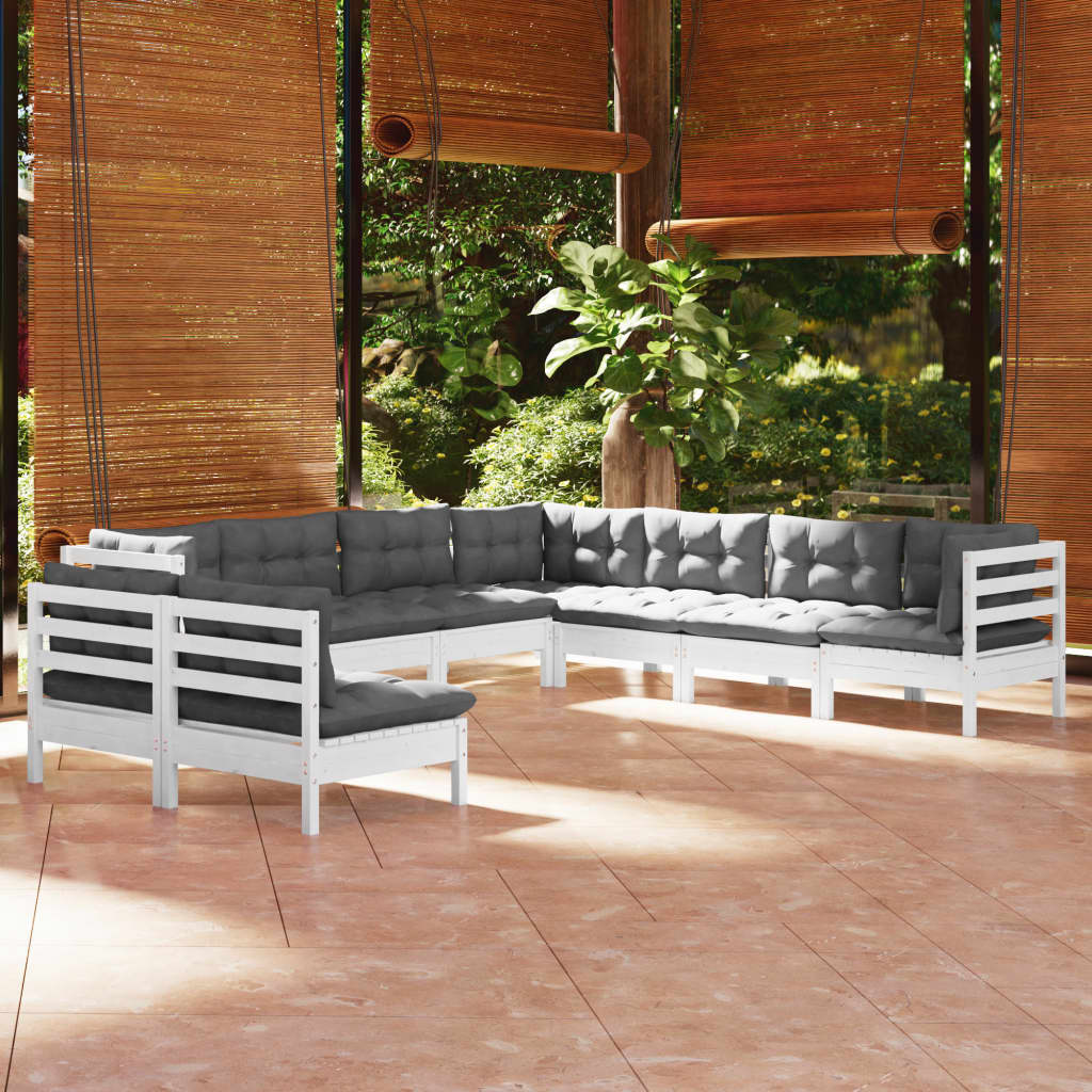 vidaXL 9 Piece Patio Lounge Set with Cushions White Solid Pinewood
