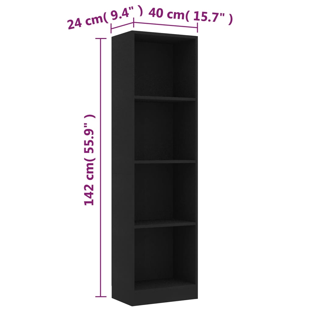 vidaXL 4-Tier Book Cabinet Black 15.7"x9.4"x55.9" Engineered Wood